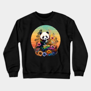 Colorful funny Panda with Sunset, floral tattoo, panda bear rainbow color, colored Crewneck Sweatshirt